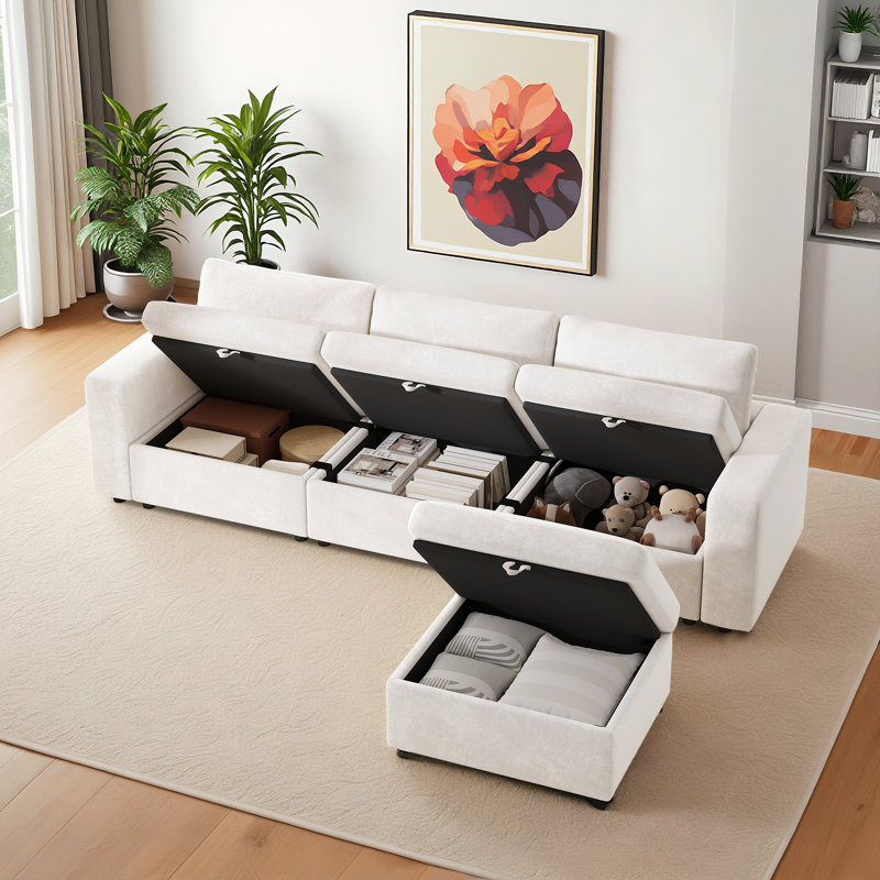 Canapé de salon moderne modulaire de 118 po, revêtement en velours avec repose-pieds et rangement
