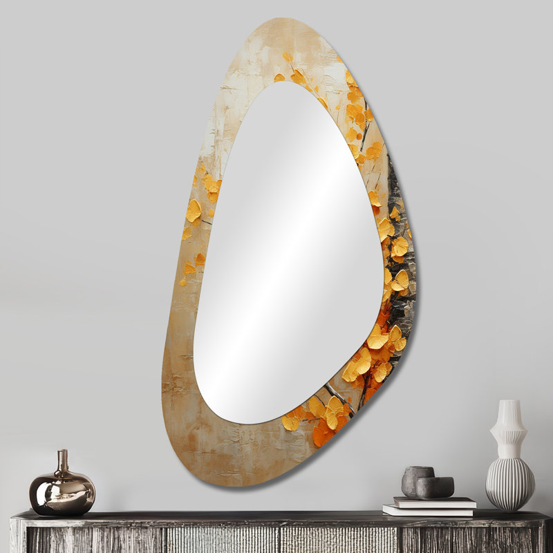 Jaune jaune Basswood forest III - arbre, miroir mural asymétrique unique, miroir Freeform moderne