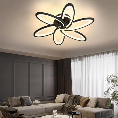 Modern Led Ceiling Light, 6+1 Rings 93w Dimmable Ceiling Light Fixtures 29.5" 3000k-6500k Flush Mount Black Flower Ceiling Lamp With Remote For Living Room,bedroom,kitchen
