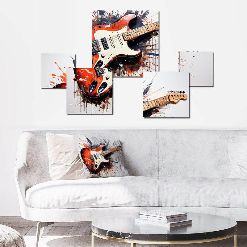 Red Fluid Brown Guitare Serenade - Carré de musique, ensemble d'art mural de 5