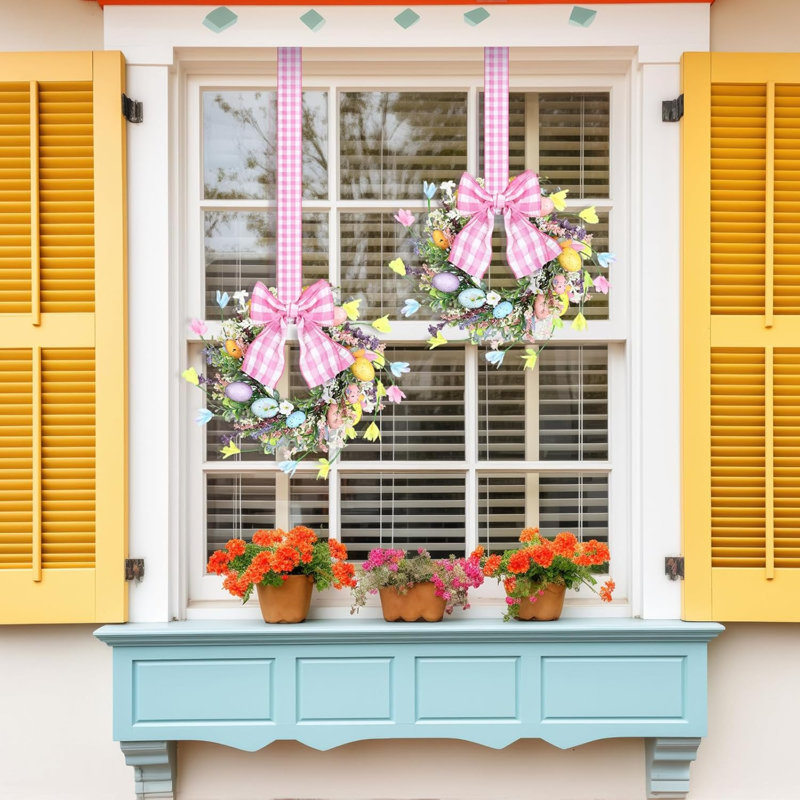 2 pièces 9 po Mini couronne de Pâques pour porte d'œufs de Pâques avec porte d'armoire de cuisine, fleurs de printemps, fleurs sauvages, décorations florales avec ruban pour la maison