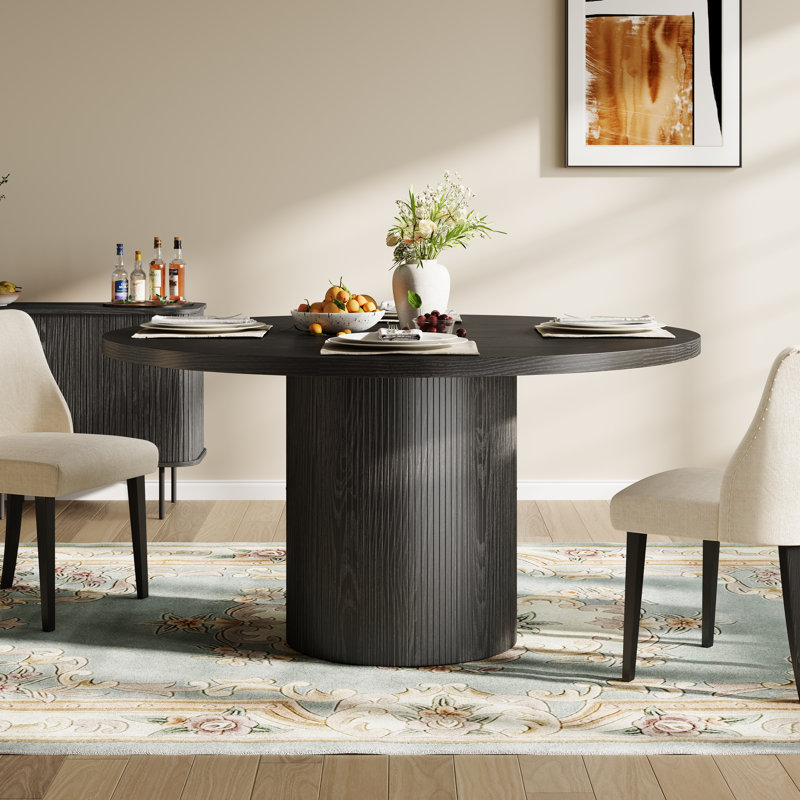 Mid-Century Modern 30"H Round Wood Dining Table For 6, Kitchen Table W/Pedestal, Black