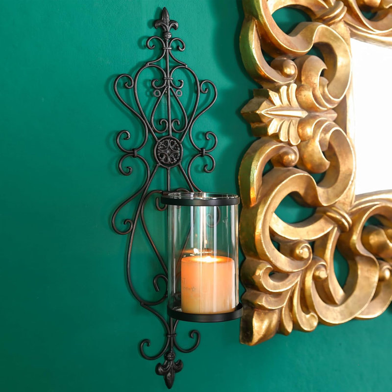 24" Hurricane Wall Sconces Set of Two- Antique Iron & Glass Candle Holders