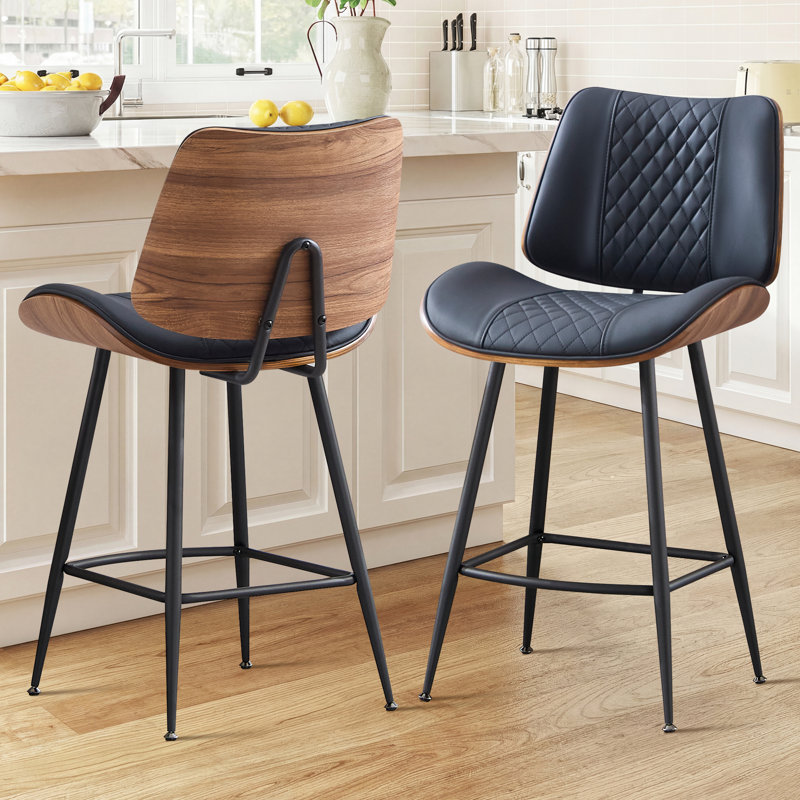 26.97" Counter Stool With Faux Leather And Curved Walnut Wood Backrest Design, Black