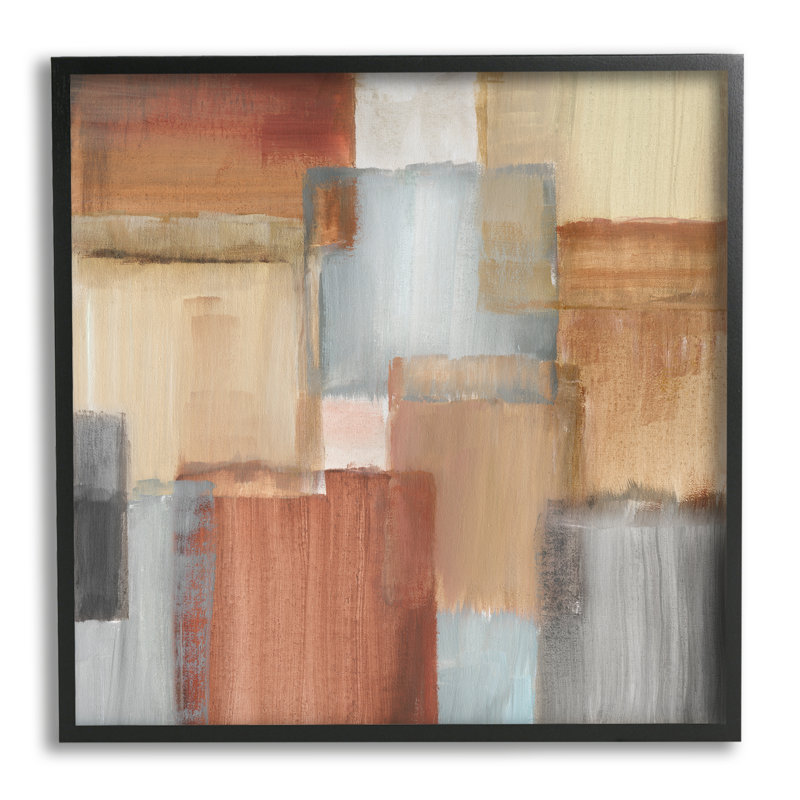 «Layered Patchwork Abstraction Neutral Brown Grey» par Nan - Peinture, H 17 po x l 17 po, Cadre noir