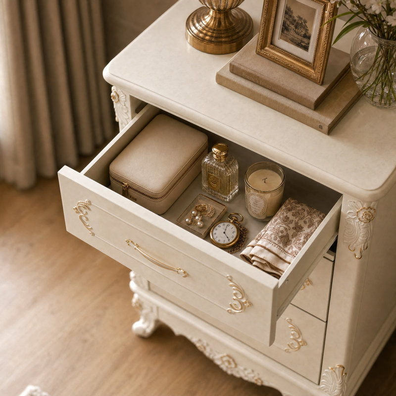 Table de chevet moderne avec 3 tiroirs et accents dorés, table de chevet élégante avec rangement