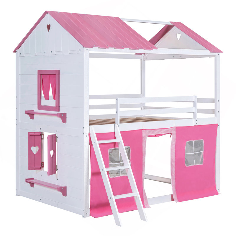 Lit superposé en bois avec élégantes fenêtres, rebords et tente, Lit superposé double sur double, Blanc / Rose