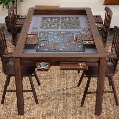 Table de jeu Agreatby avec plateau amovible, table de salle à manger et de jeu en bois massif de qualité héritage pour 4 à 6 joueurs, aire de jeu de 57 po x 33,8 po, support de rangement pour feuilles, tapis de jeu en néoprène, 6 porte-gobelets et plateaux, noyer