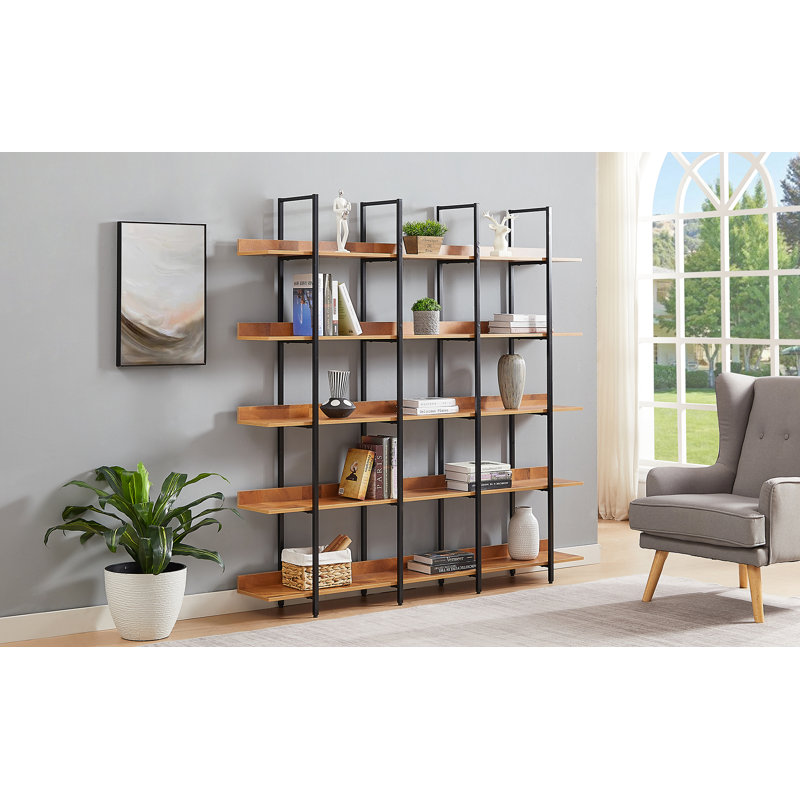 Bibliothèque à 5 niveaux avec bureau ouvert, (5 tablettes) H 70,9 po x l 11,8 po x P 70,9 po, Noir / brun