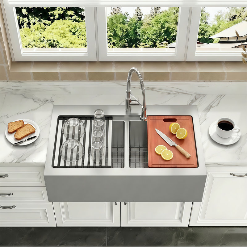 Évier de cuisine en acier inoxydable à double cuve 50/50 L 36 po x l 22 po avec accessoires, Acier Inoxydable
