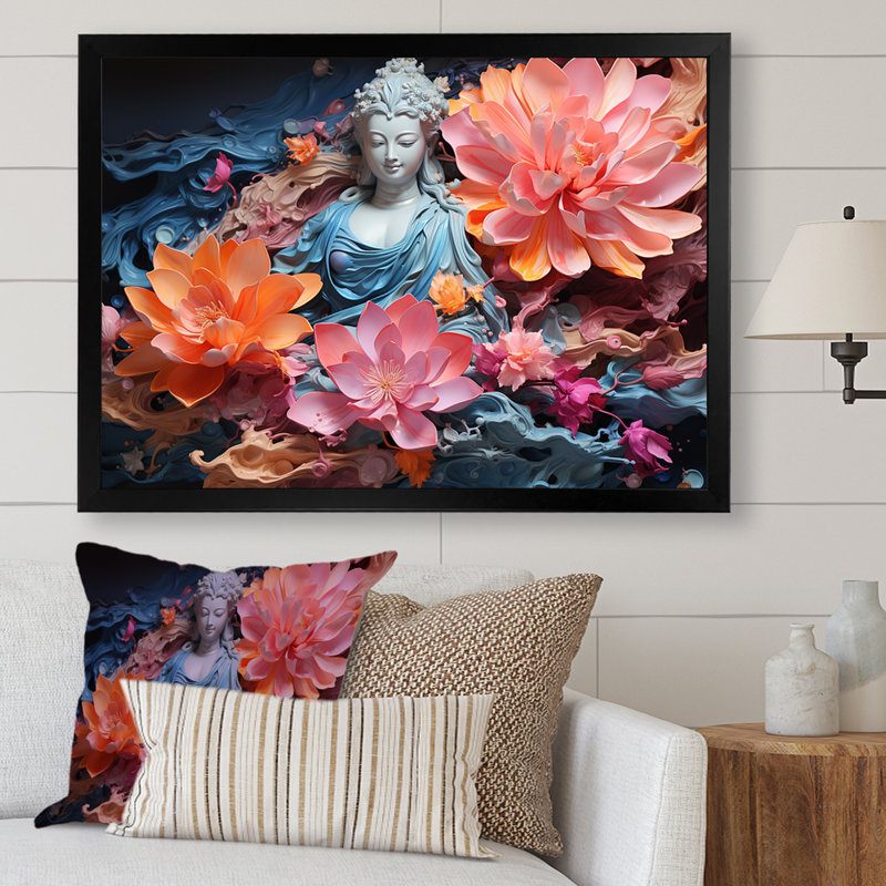 Statue de bouddhisme en fleurs sur toile, Cadre simple noir, H 30 po x l 40 po x P 1,5 po