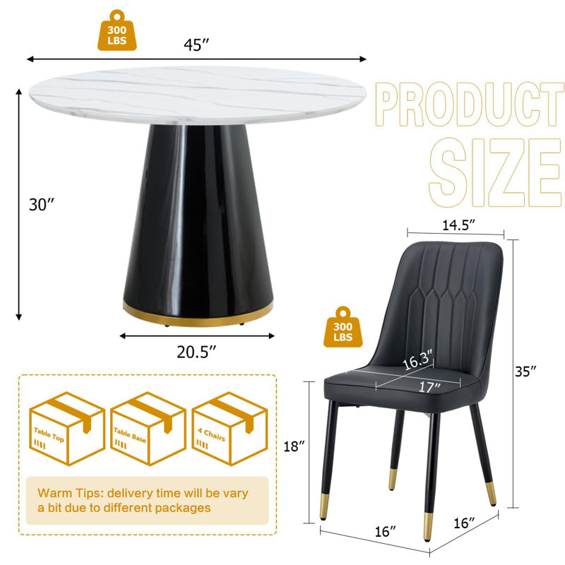 Marble Look Dining Room Table Set With Chairs – Elegant, Durable, Easy To Maintain, Black, 5 Pieces: Table, 4 Chairs