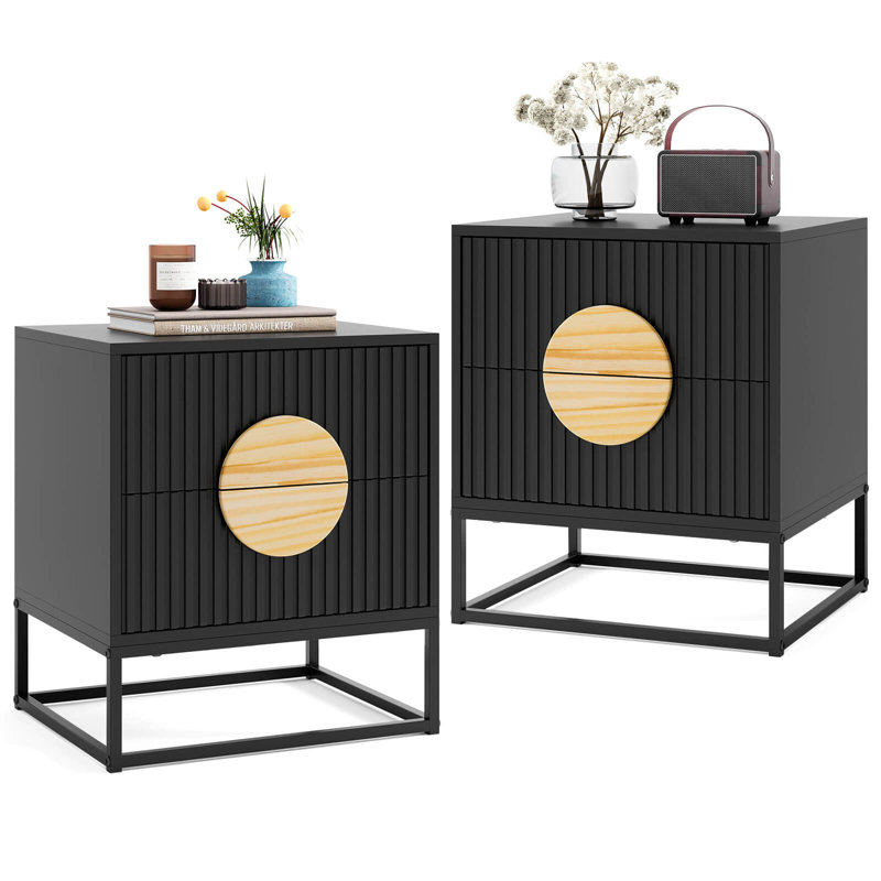 2 PCS Fluted Nightstand with 2 Drawers with Pine Wood Handles & Metal Frame Black, Set of 2, Black