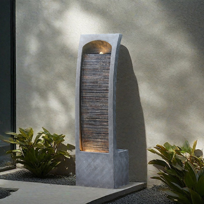 Water Fountain Modern Curved Faux Slate Waterfall Fountain With LED Lighting 42.5 Inch Tall Tiered Waterfall Fountain For Garden Patio Backyard Decor