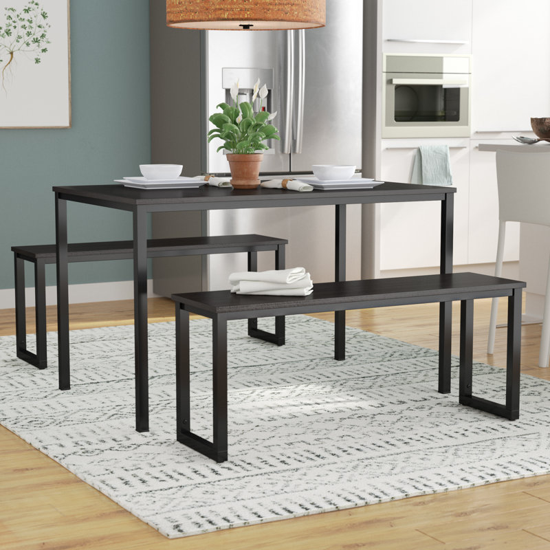 Winterton 3-Piece Dining Table and Bench Set – Space-Saving Kitchen Table with Sturdy Steel Frame & MDF Wood Surface – Seats 2-4 – Small Dining Set - 4 Person Dining Table and Bench