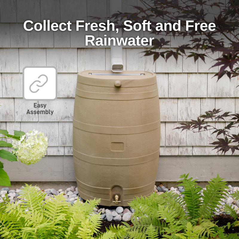 Tan Oak Polyethylene Rain Barrel with Brass Spigot, 50 Gallon