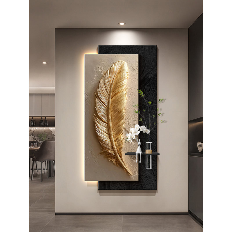 Murale moderne avec plantes en grès et plumes peintes, H 47,24 po x l 23,62 po x P 2,17 po, Noir; blanc; or