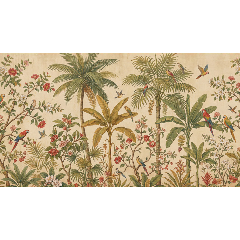 Papier peint oiseaux tropicaux avec palmiers, 140 po x 108 po, Peler et coller