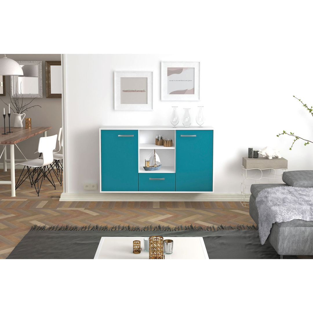 Sideboard Batya, Farbe: Mint/Weiß, Fliegend/Metallgriffe, Größe: 136x79x35 cm