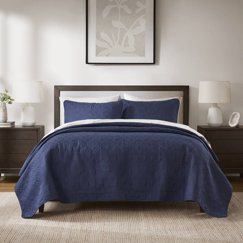 Quebec Reversible Bedspread Set, King Bedspread + 2 King Shams, Navy
