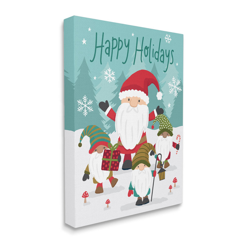 Joyeuses fêtes «Santa Claus Snowy Forest Gnomes» par Lisa Perry White boutons - impression, H 20 po x l 16 po, Toile tendue