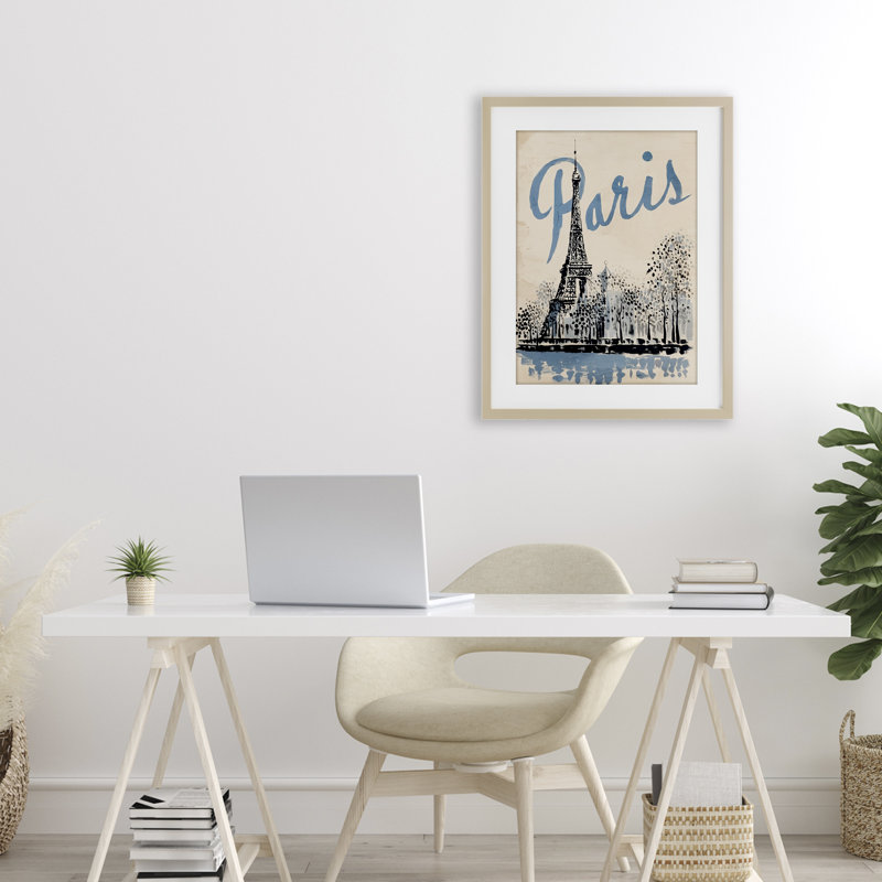 «Blue and Beige Paris Travel», reproduction d'impression sous verre encadrée par Annabelle Hall, Cadre de récolte en pin