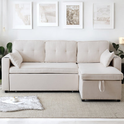 3-In-1 Convertible Sofa Bed With Cup Holders, Pillows And Storage Pocket Pullout Sectional Daybed