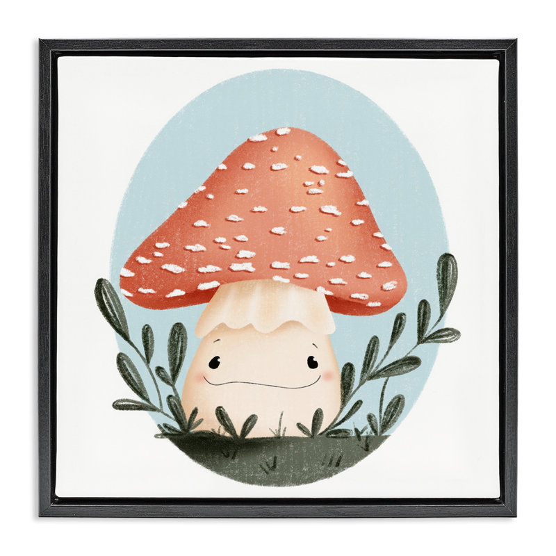 Champignon souriant dans un cadre flottant dans la nature, design par Sarah Hickman, Cadre flottant noir de jais
