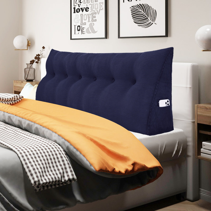 Sit-up Back Comfort Corduroy Bed Headboard Wedge Reading Pillow Triangular Backrest Compression, California King, Deep Blue