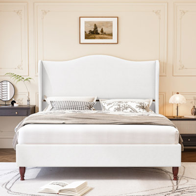 Full Size Wingback Platform Bed Frame with Tall Headboard-White