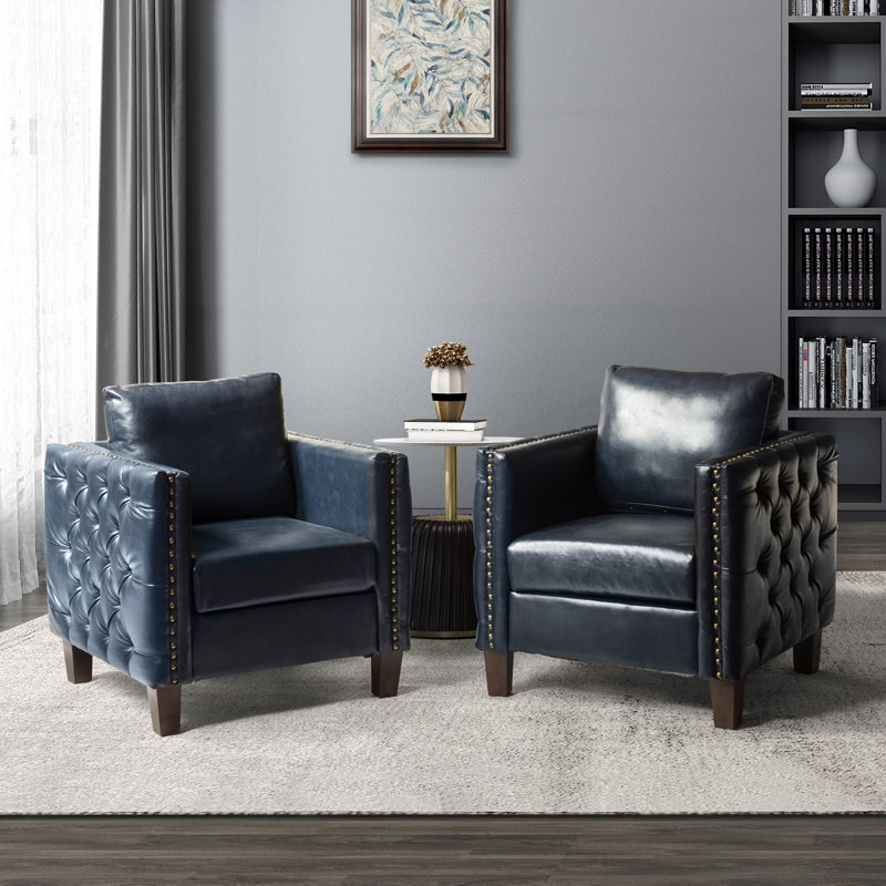 Fauteuil club capitonné de 83,31 cm de large Osbaldo, Polyuréthane bleu marine