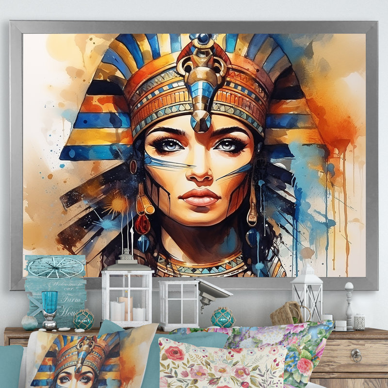 Or et bleu, pharaon égyptienne, beauté IV - Égypte, art mural, Cadre de coin argenté fermé, H 34 po x l 44 po x P 1,5 po