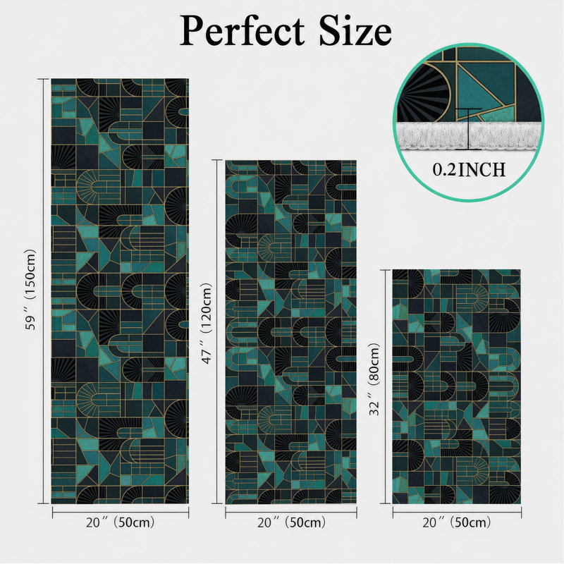 Geometric Teal Non-Slip Washable Kitchen Mats
