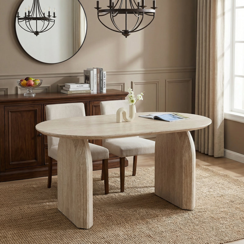 Table de salle à manger moderne extensible en bois ovale avec base à deux piliers, conception peu encombrante pour une utilisation polyvalente dans le salon ou la salle à manger