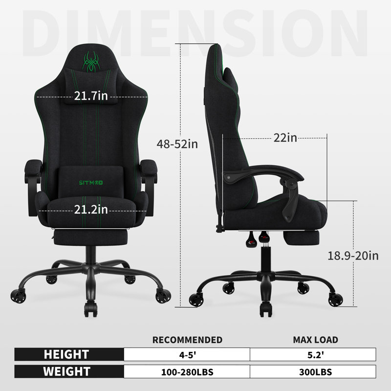 Fauteuil de jeu ergonomique en tissu à haut dossier Latitude Run®, Noir, noir, noir, noir