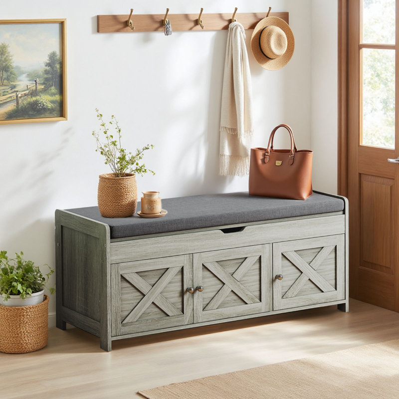39.5" Shoe Storage Bench with Lift-Top Storage and Removable Cushion, Shoe Bench with Barn Doors and Adjustable Shelf for Entryway, Bedroom
