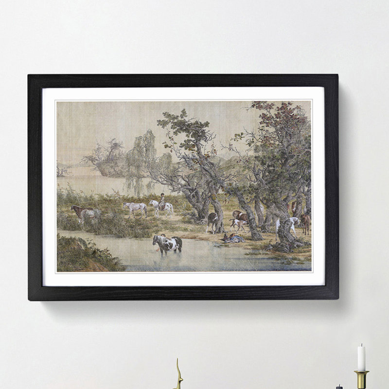 Horses by the Stream by Lang Shining - Framed Print, 27cm H x 36cm W x 2cm D, Black Framed