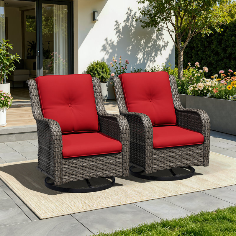 Dunecrest Patio Wicker Swivel Rocking Chairs with Cushions（Set of 2）, Red