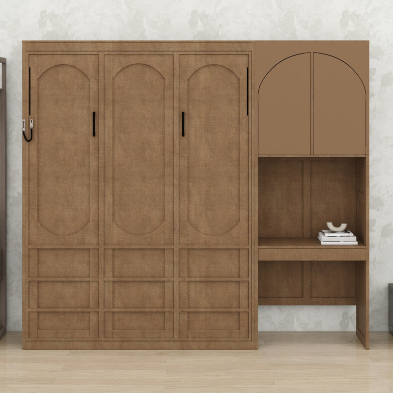 Lit escamotable moderne avec armoire latérale réversible, lumières DEL, tiroirs et armoires, Noyer