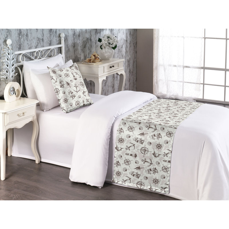 Ambesonne Marine Bed Runner Set Ocean Nautical Pattern Art  Dark Cocoa Eggshell, Twin