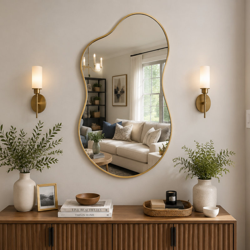 Miroir de salle de bain asymétrique 26 po x 46 po, miroir de salle de bain irrégulier avec cadre en métal pour le salon, la chambre à coucher et le vestibule, miroir décoratif moderne, doré