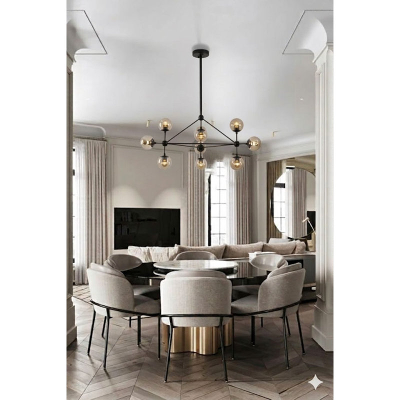 10-Light black metal chandelier with coffee color glass shades