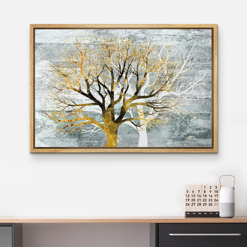 Pastel doré, forêt blanche, arbre, nature, paysage abstrait, rustique, décor relax, sur toile, Encadré naturel
