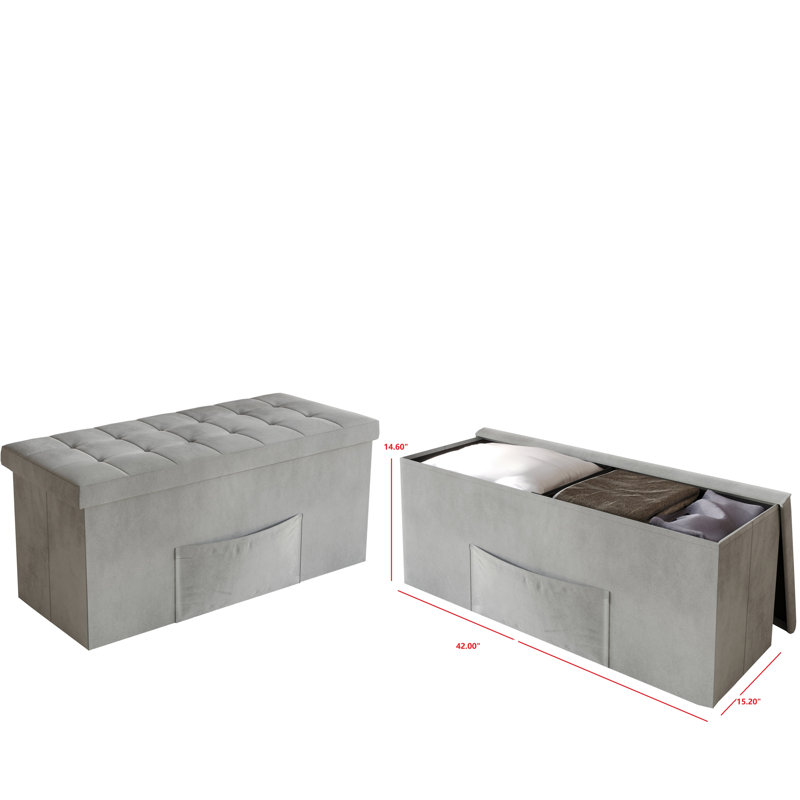 Whelan 42" Tufted Upholstered Folding Storage Bench With Pocket (Set Of 2), Light Gray