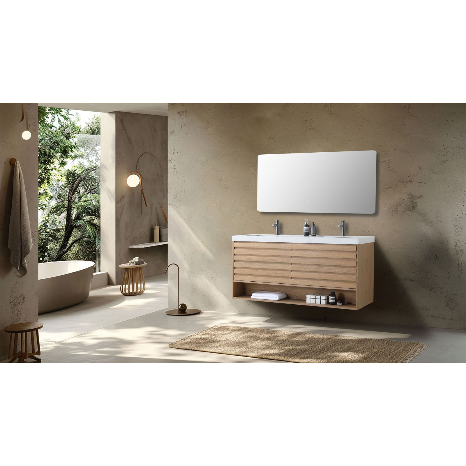 Maumelle 60" Cedar Double Bathroom Vanity, White, Pecan Oak