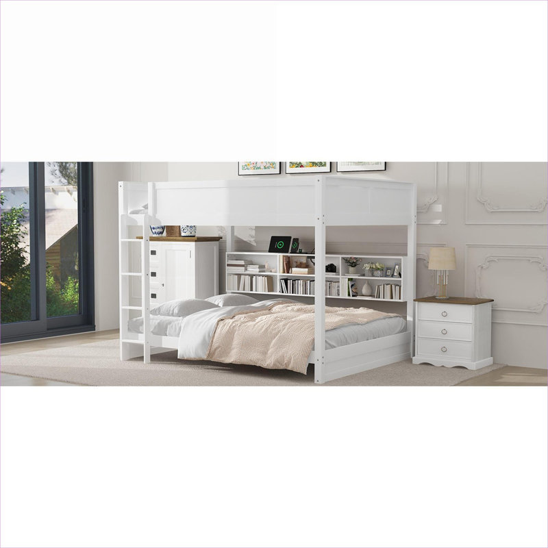 Double lit double superposé, finition blanche en bois massif avec armoires de rangement intégrées et ports USB pour les petites chambres partagées