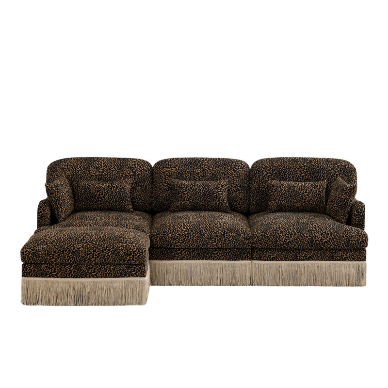 Canapé en L 100 po à imprimé léopard confortable en chenille, délicat bord de pompon, repose-pieds mobile, style moderne, dossier et siège ergonomiques, assemblage facile, siège profond pour le salon, brun noir