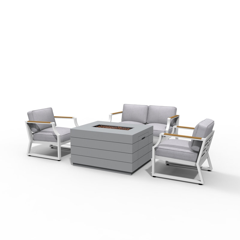 Ensemble de conversation en osier / rotin pour 4 personnes avec coussins Redding, Blanc