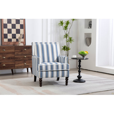 Chaise d'appoint rembourrée, fauteuil vintage avec tissu en lin rayé bleu et blanc et garniture cloutée pour le salon