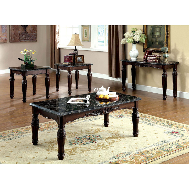 Traditional Espresso Solid wood 3pc Tables Set 1x Coffee Table and 2x End Tables Faux Marble Top